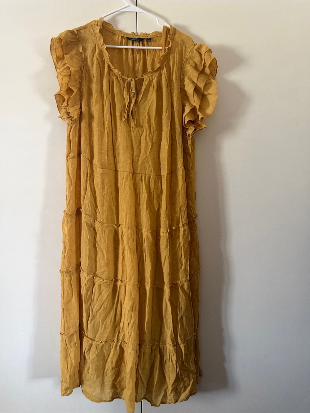 Women's Mustard Tiered Ruffle Sleeve Dress